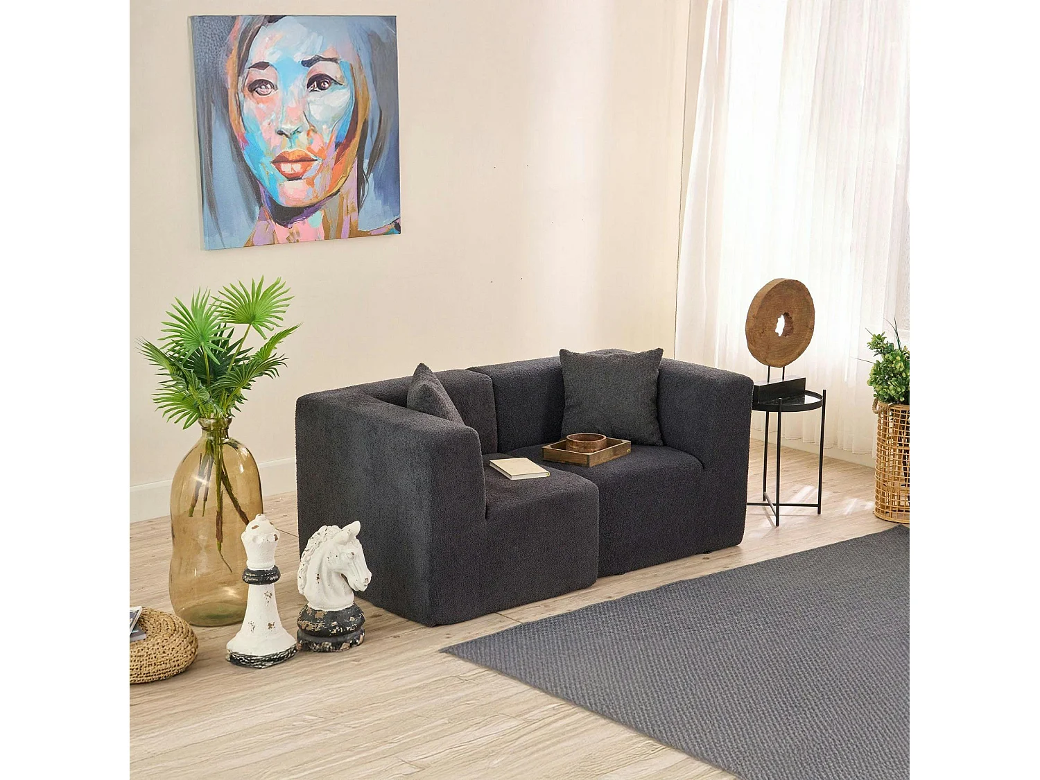 Canapé 2 places compact anthracite tissu chenille PLOVIA