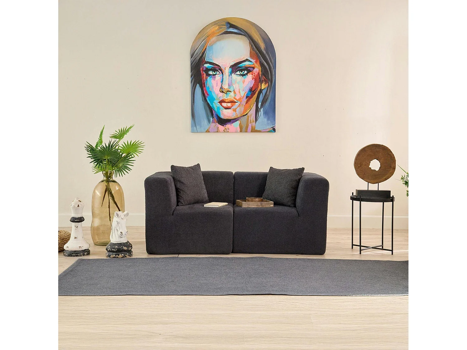 Canapé 2 places compact anthracite tissu chenille PLOVIA