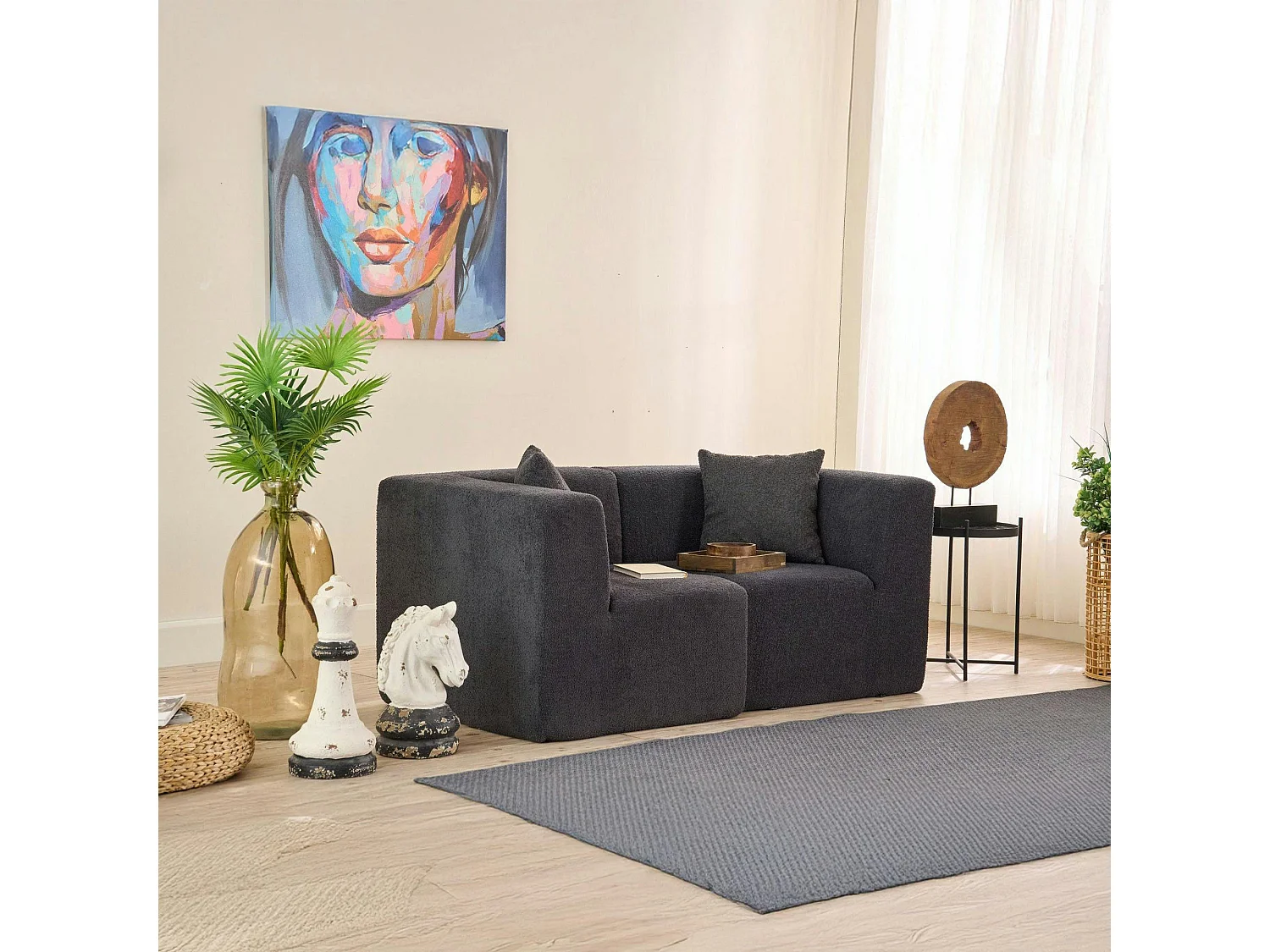 Canapé 2 places compact anthracite tissu chenille PLOVIA