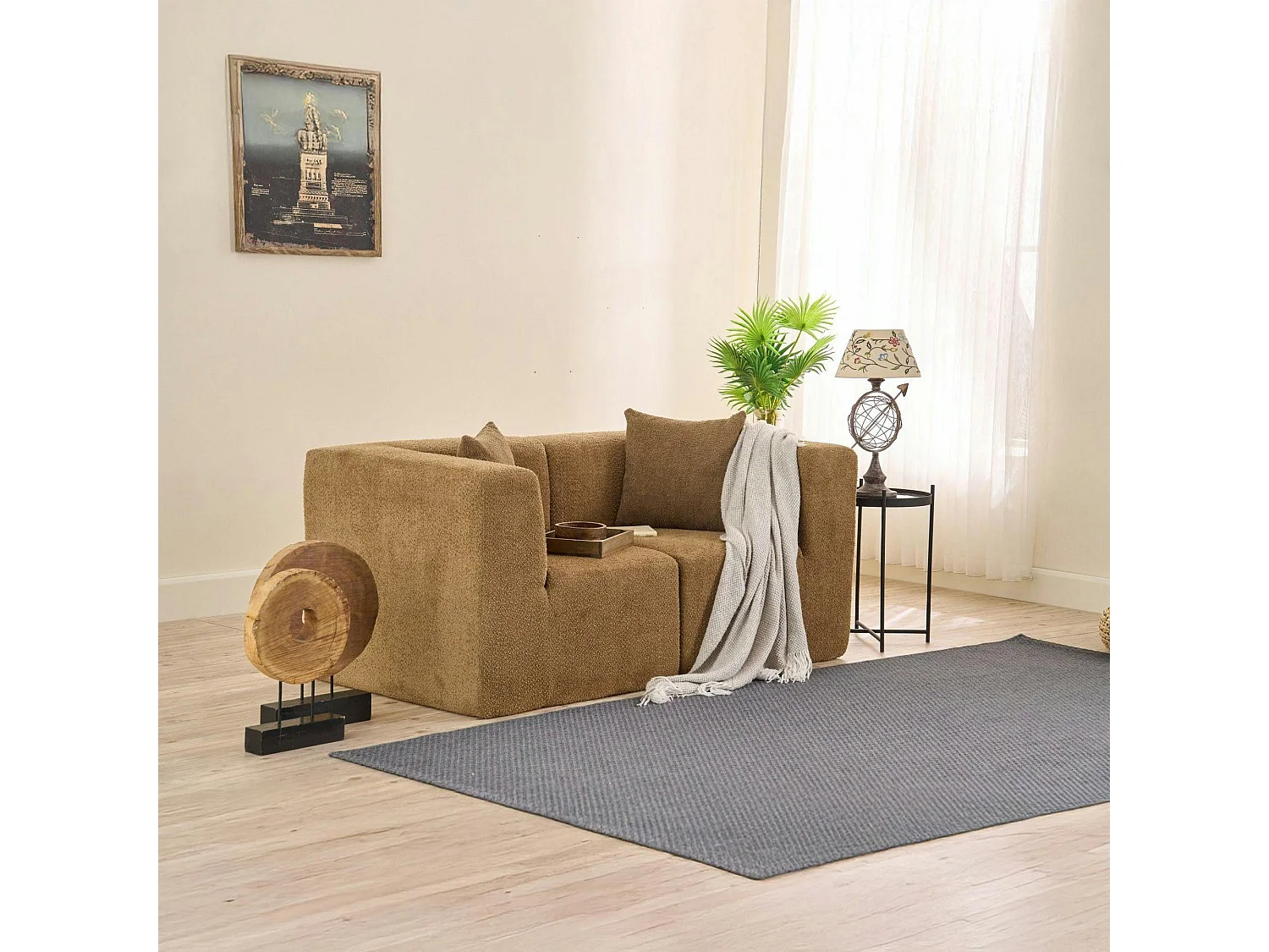 Canapé 2 places compact marron tissu chenille PLOVIA