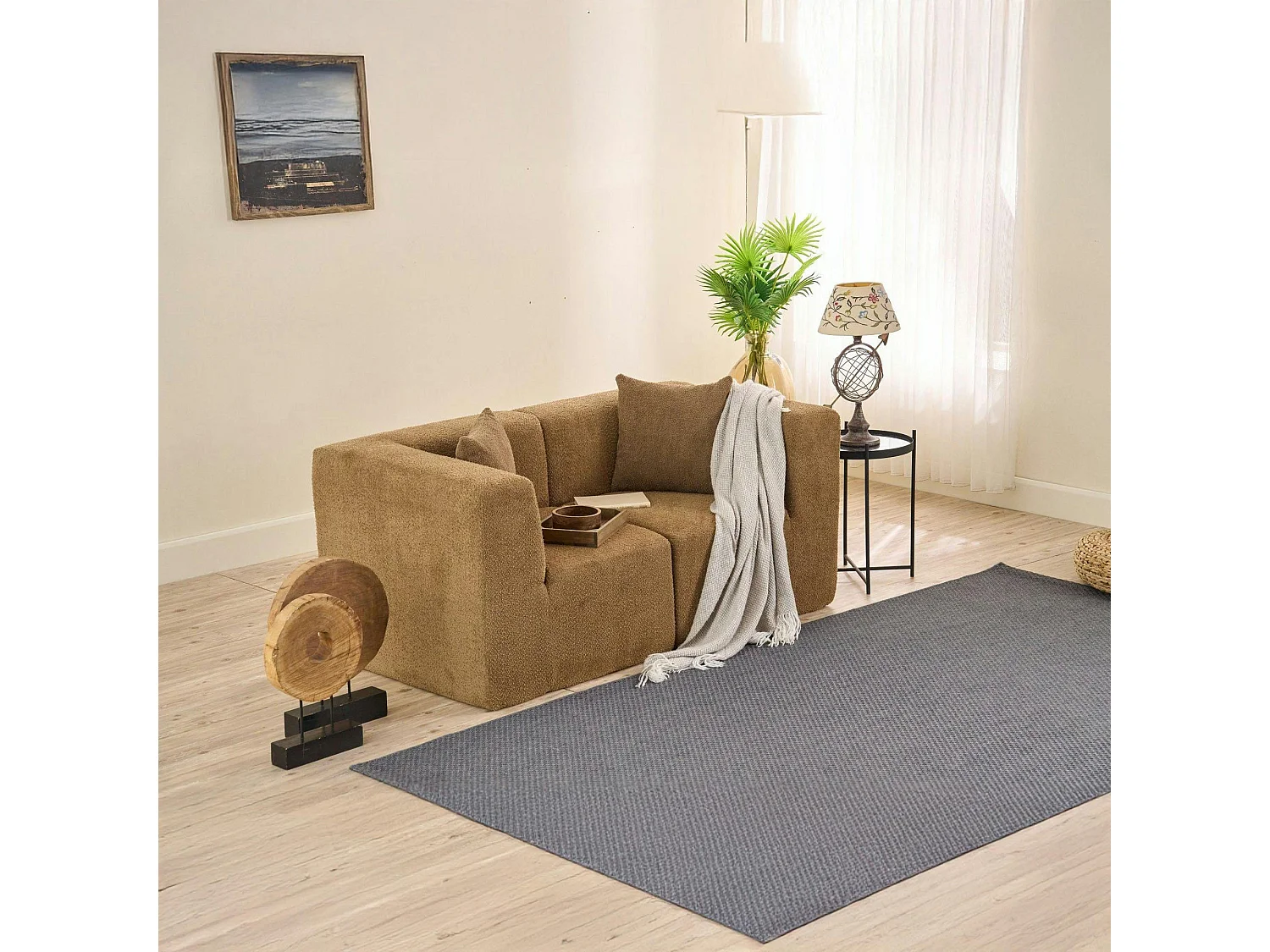 Canapé 2 places compact marron tissu chenille PLOVIA