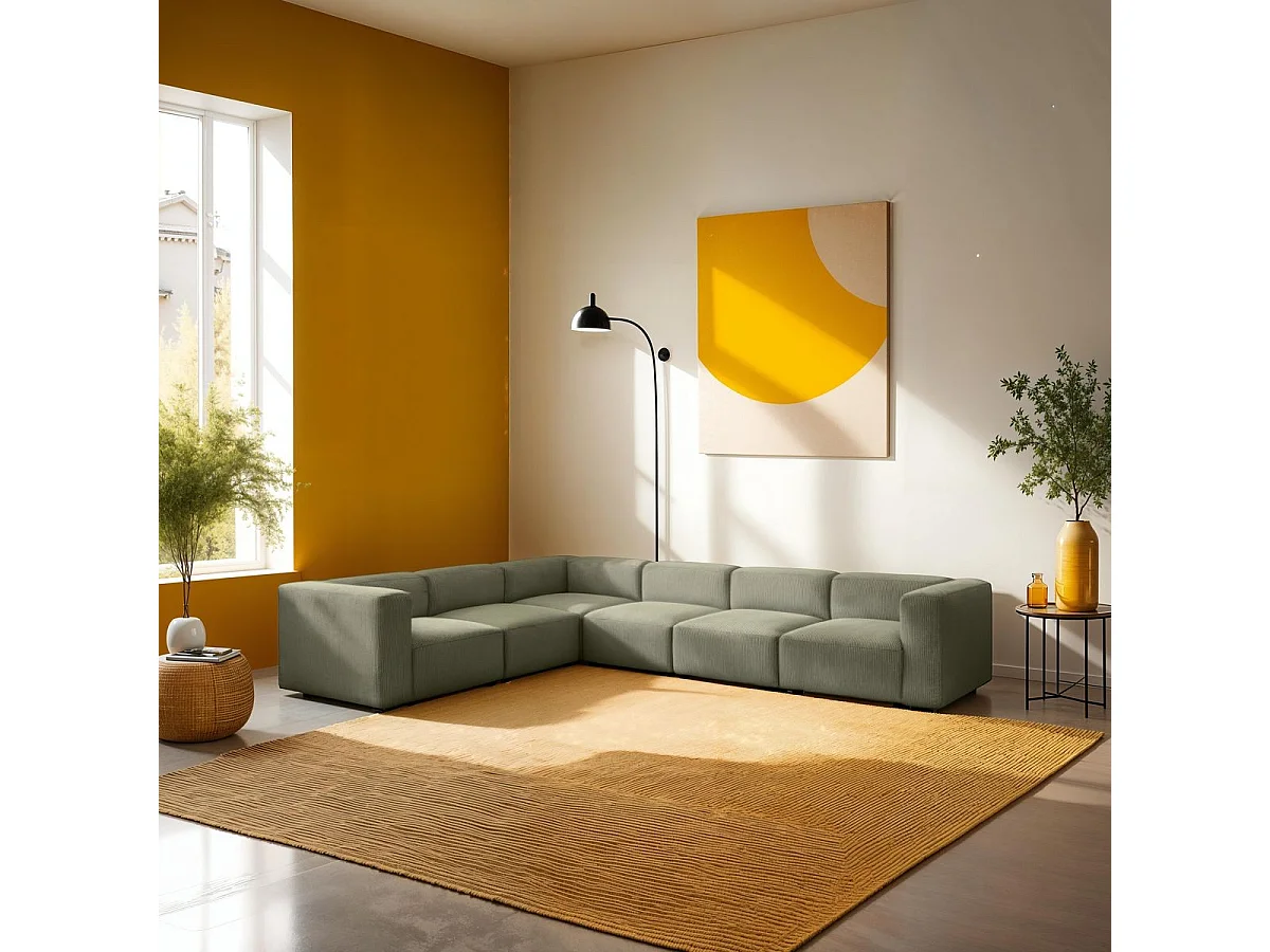 Canapé d'angle modulable réversible 8 places en velours côtelé vert kaki - Modulo