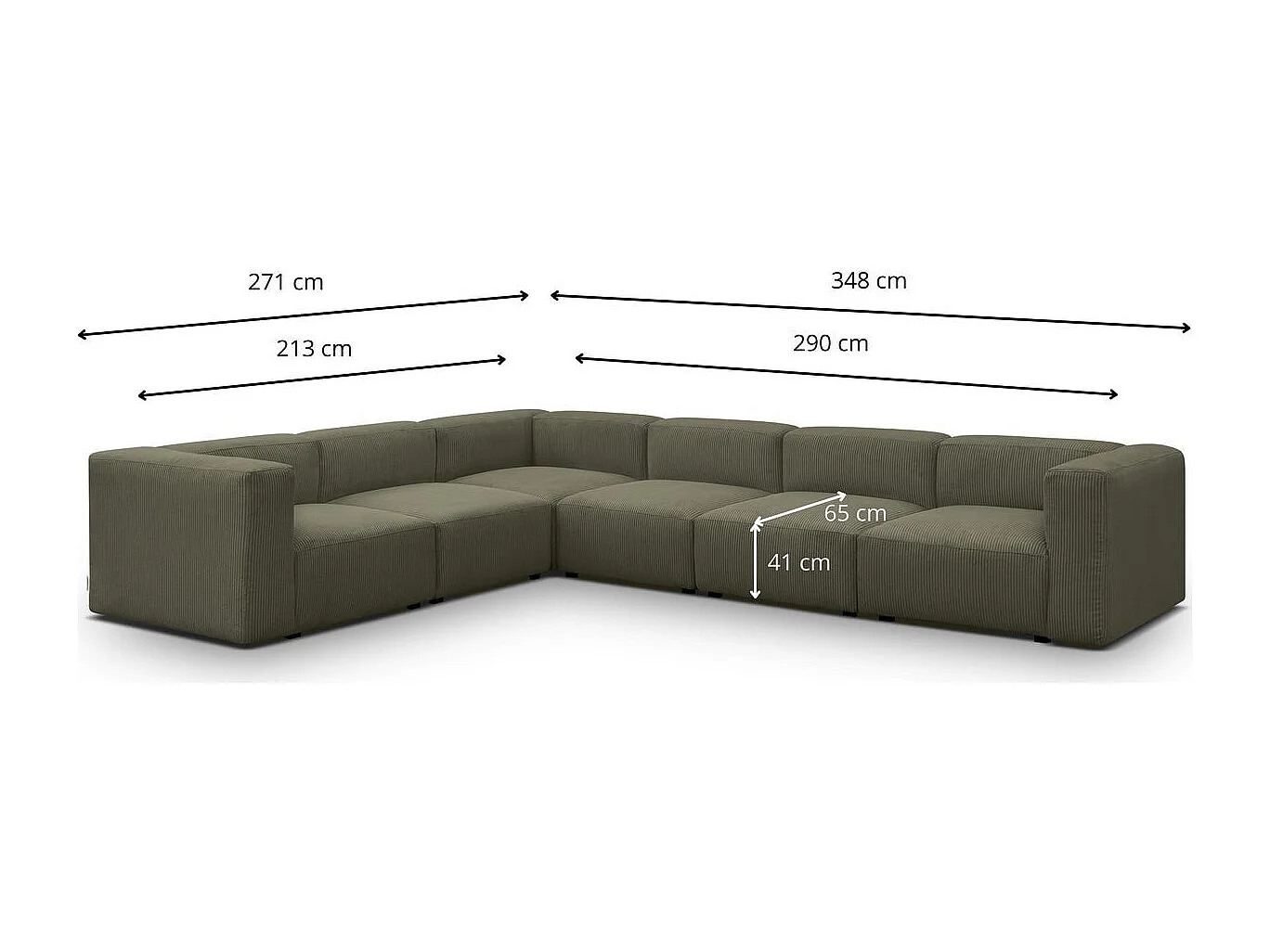 Canapé d'angle modulable réversible 8 places en velours côtelé vert kaki - Modulo