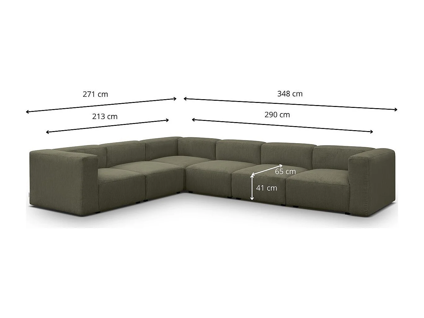 Canapé d'angle modulable réversible 8 places en velours côtelé vert kaki - Modulo