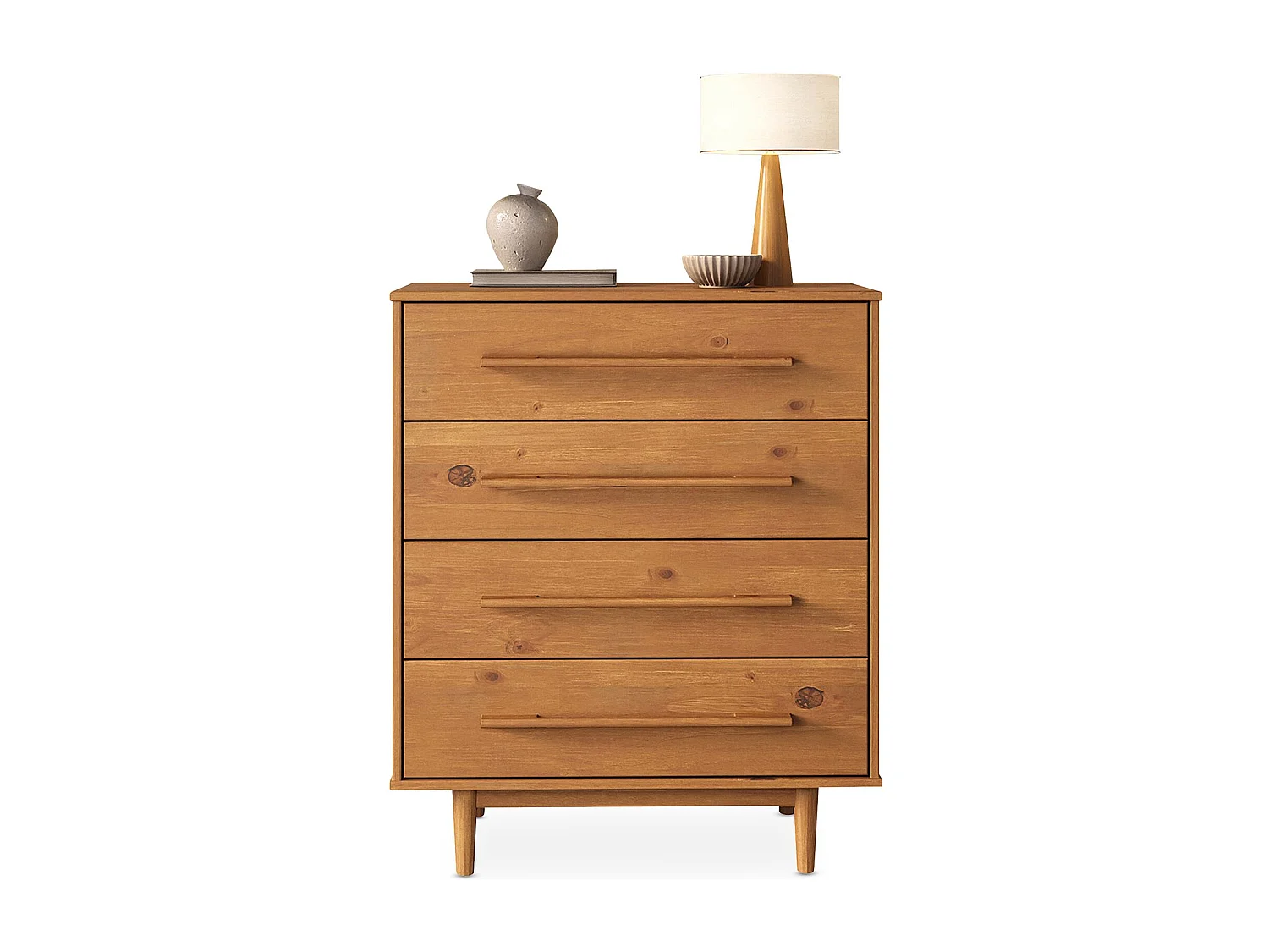 Commode TECCA L 80 cm avec 4 Tiroirs en Bois Massif Coloris Chêne, Meuble de Rangement pour Vêtements Design Scandinave