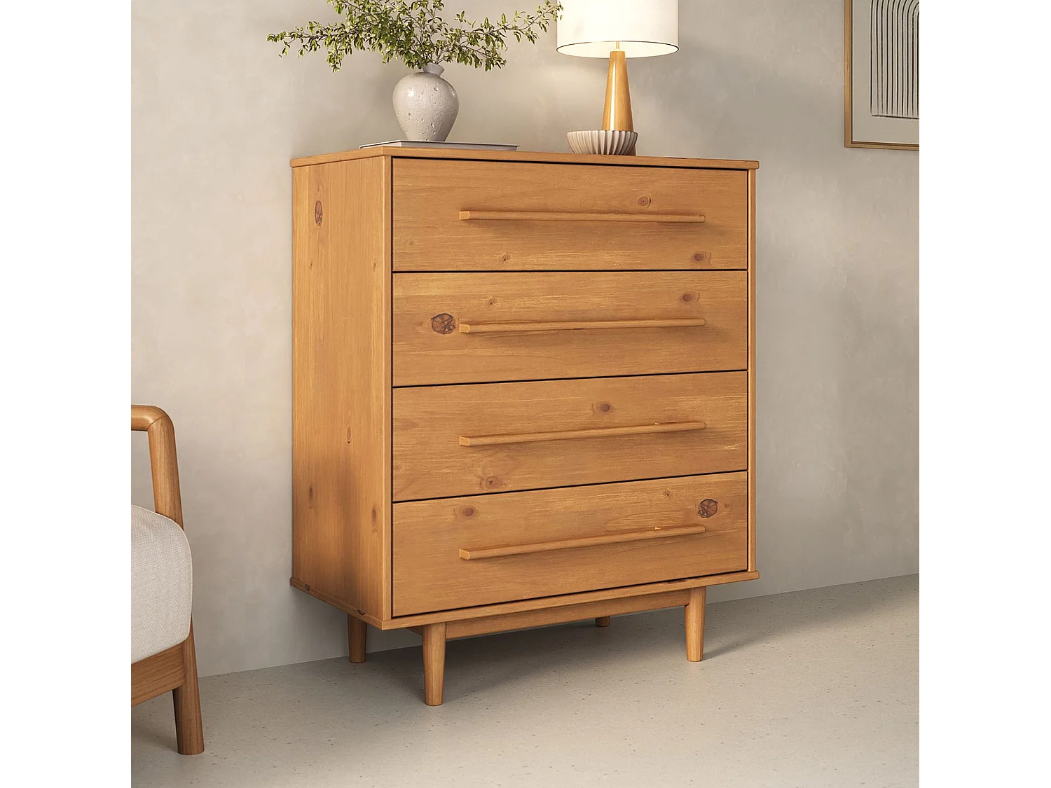 Commode TECCA L 80 cm avec 4 Tiroirs en Bois Massif Coloris Chêne, Meuble de Rangement pour Vêtements Design Scandinave