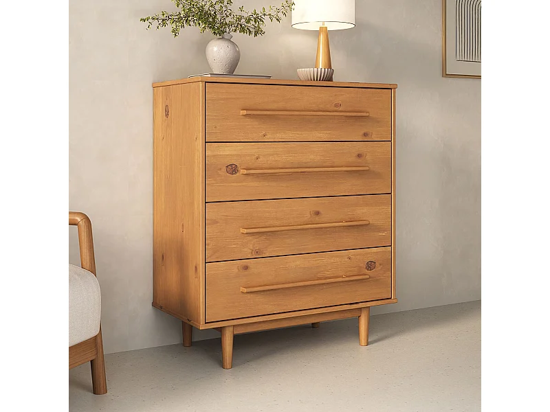Commode TECCA L 80 cm avec 4 Tiroirs en Bois Massif Coloris Chêne, Meuble de Rangement pour Vêtements Design Scandinave