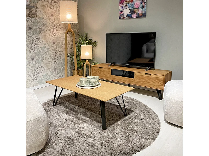 Table basse 120 cm placage bois naturel pieds métal noir – ONYX 2