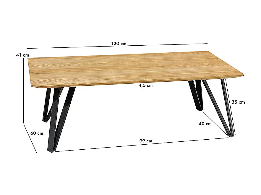 Table basse 120 cm placage bois naturel pieds métal noir – ONYX 2