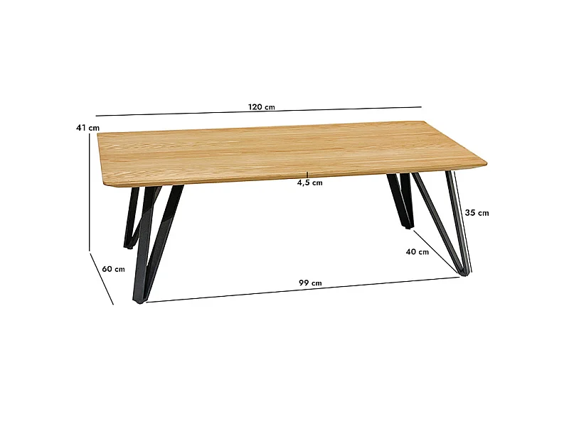 Table basse 120 cm placage bois naturel pieds métal noir – ONYX 2