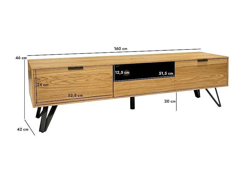 Meuble TV 160 cm 3 tiroirs placage bois et pieds métal – ONYX 2