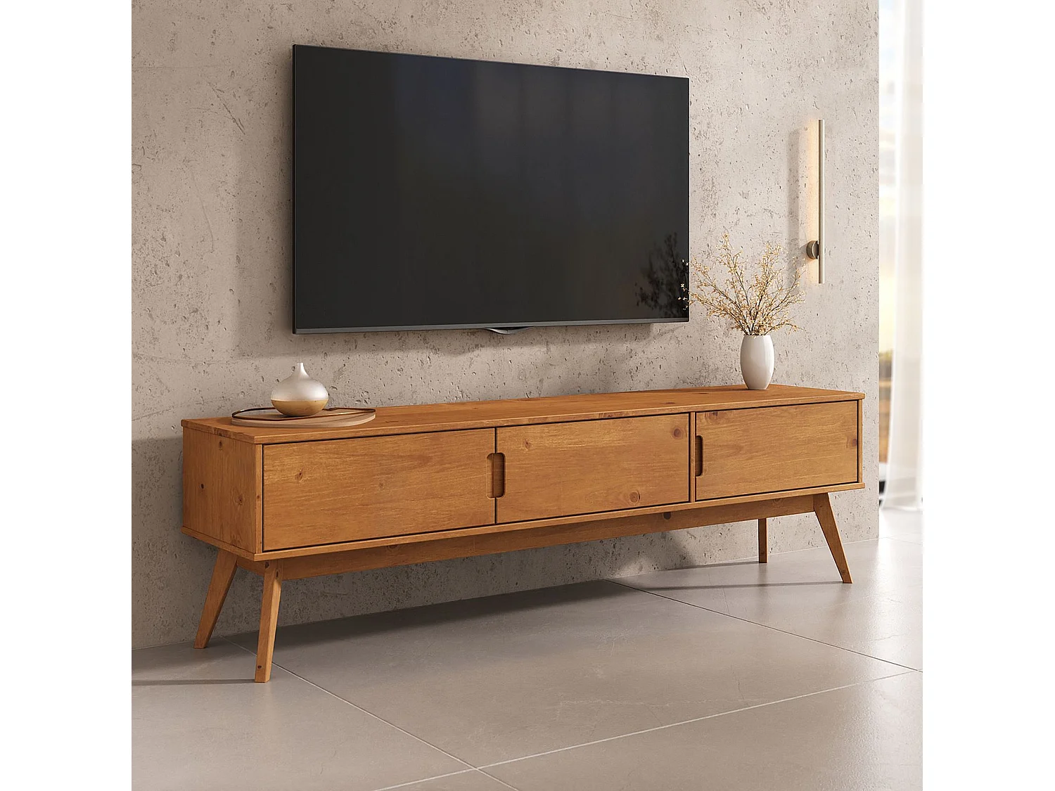 Meuble TV TIVOLI L 180 cm en Bois Massif Coloris Chêne avec 3 Portes Pour Télé Jusqu'à 80"