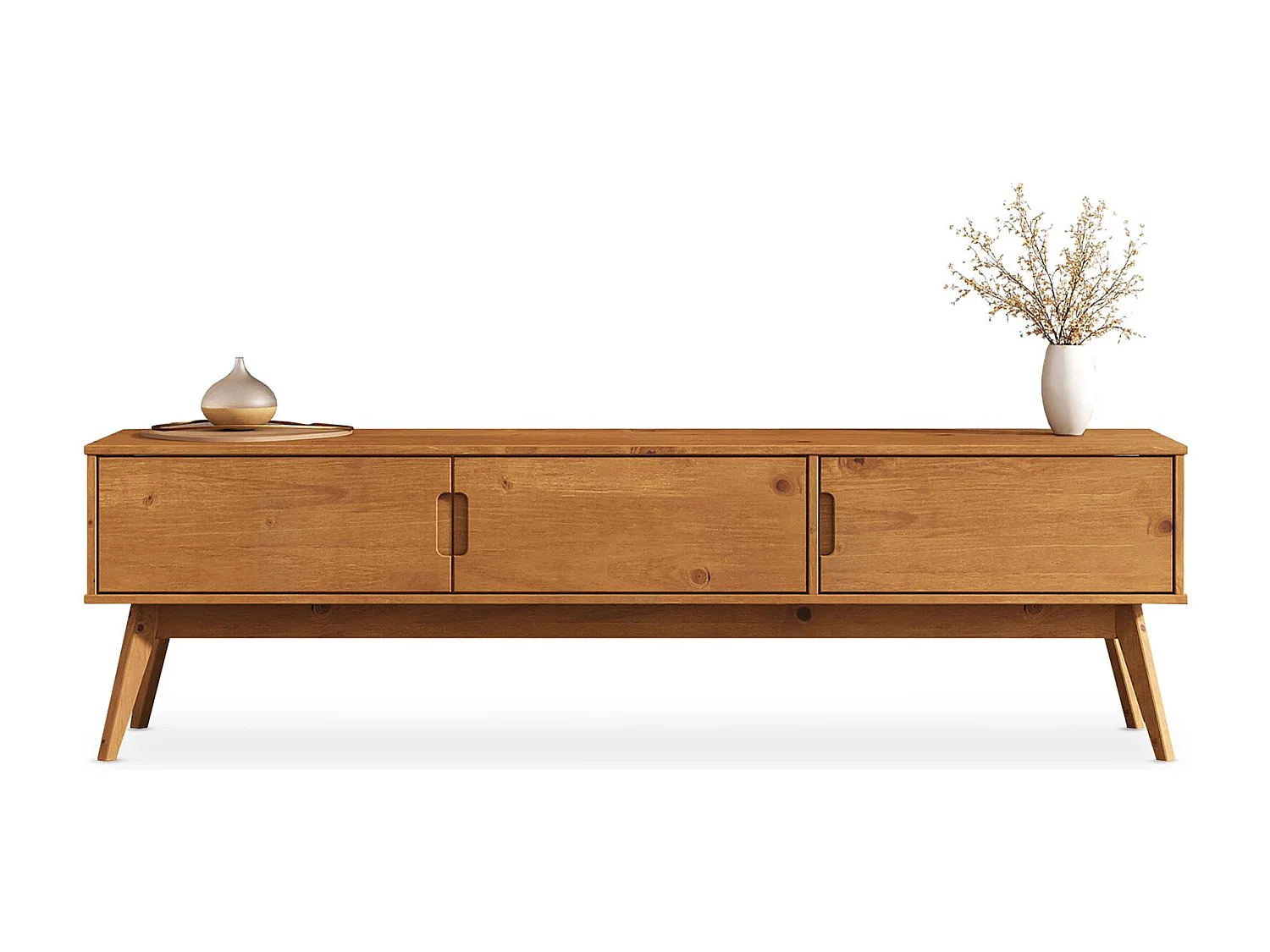 Meuble TV TIVOLI L 180 cm en Bois Massif Coloris Chêne avec 3 Portes Pour Télé Jusqu'à 80"