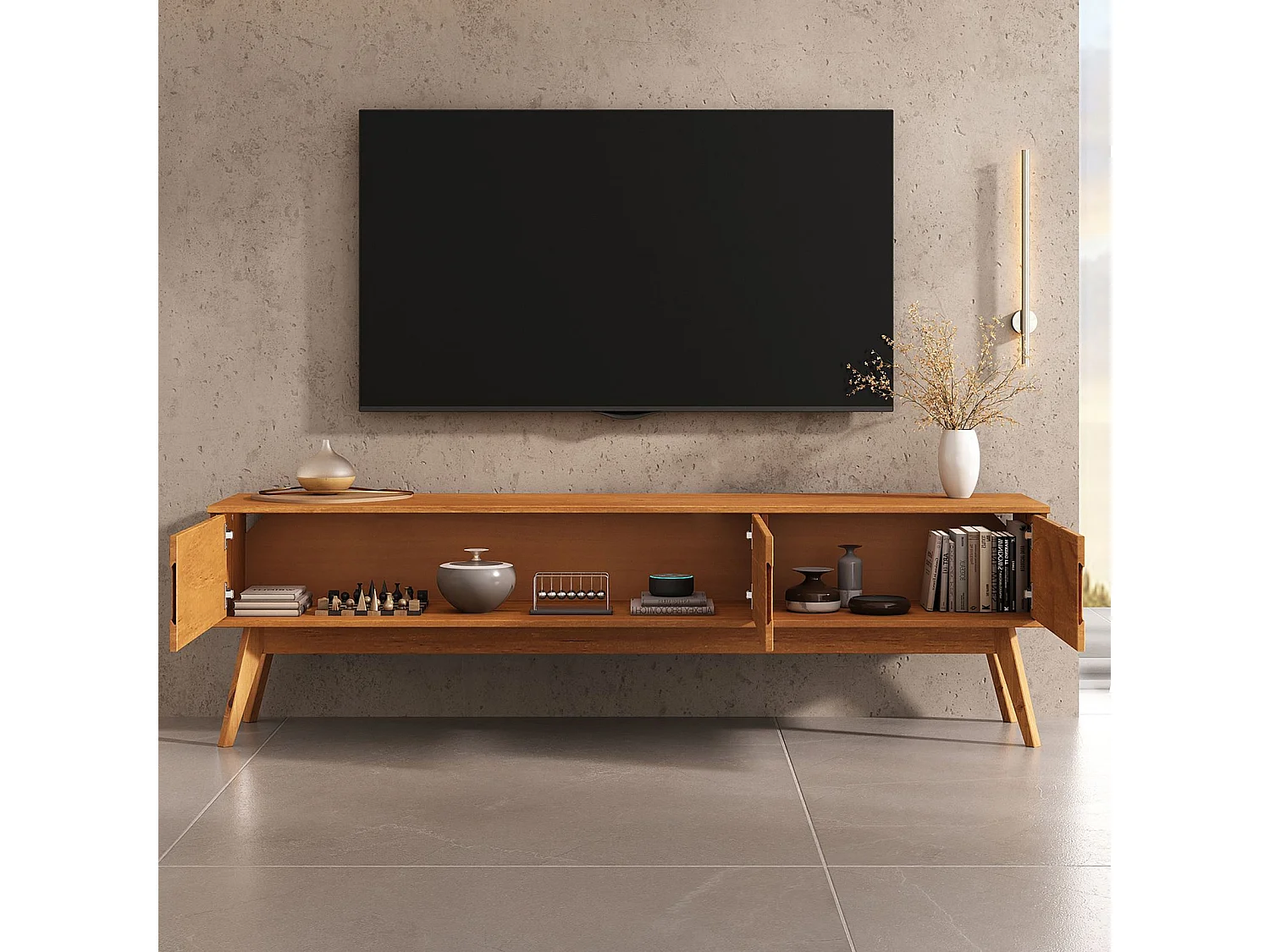 Meuble TV TIVOLI L 180 cm en Bois Massif Coloris Chêne avec 3 Portes Pour Télé Jusqu'à 80"