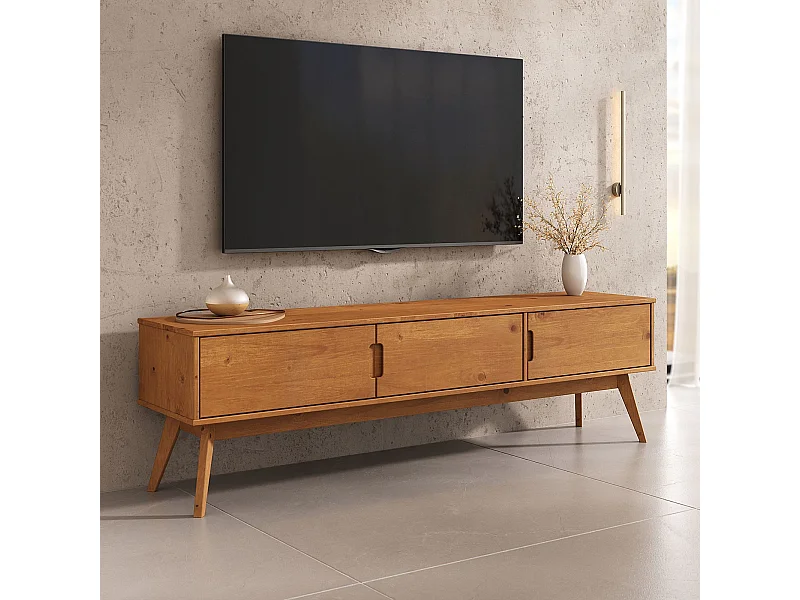 Meuble TV TIVOLI L 180 cm en Bois Massif Coloris Chêne avec 3 Portes Pour Télé Jusqu'à 80"