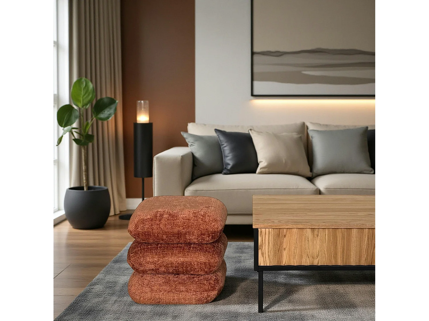 Pouf pivotant terracotta effet coussins empilés IENA