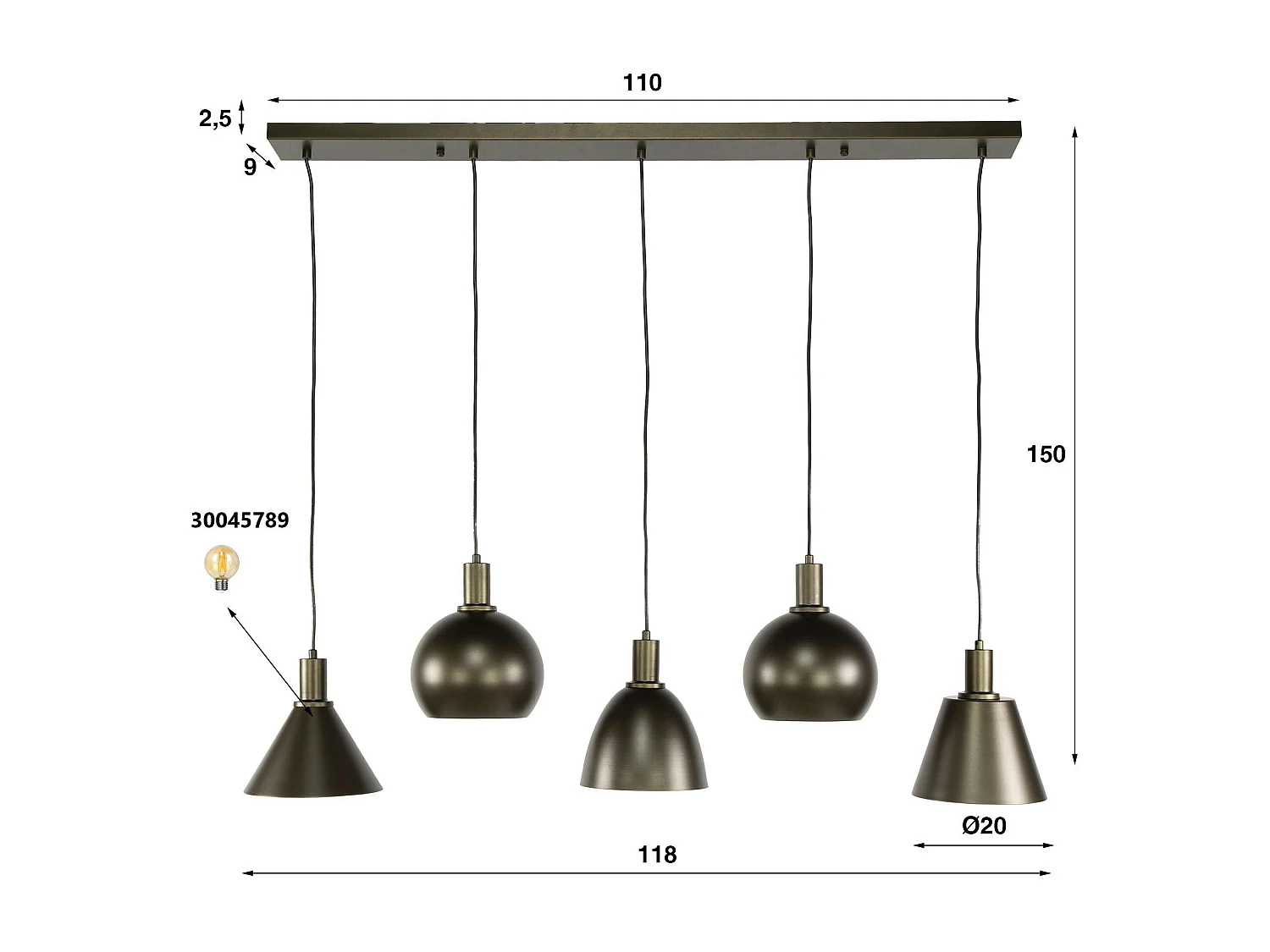 Suspension îlot cuisine 5 abat-jour métal brun TRIBECA