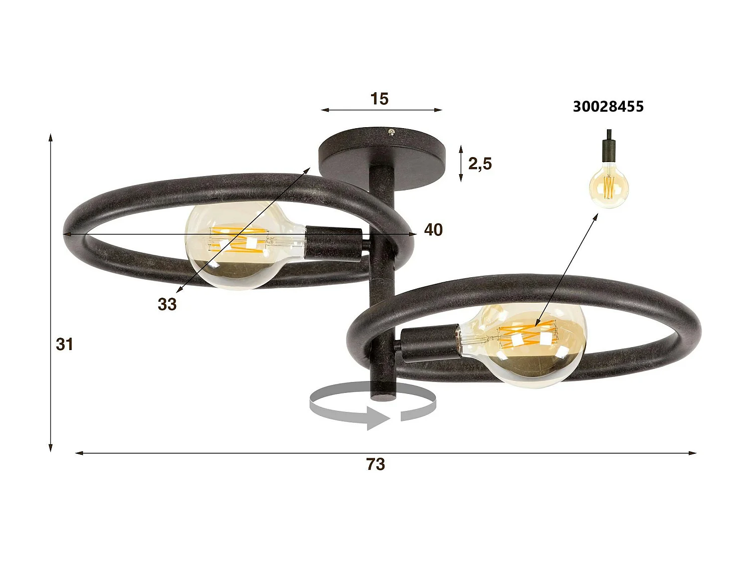 Plafonnier métal noir 2 ampoules, forme galet TRIBECA