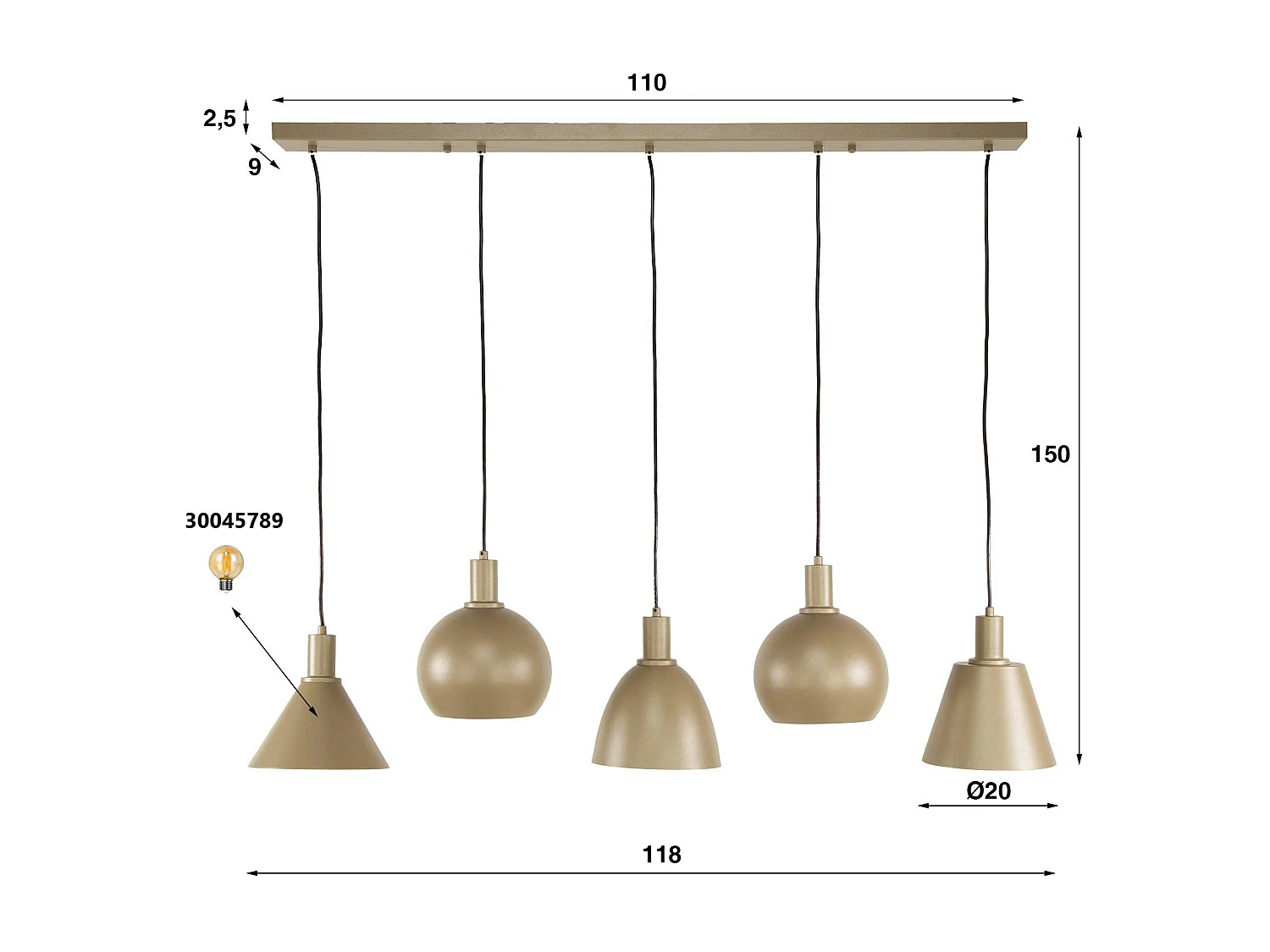 Suspension îlot cuisine 5 abat-jour métal beige TRIBECA