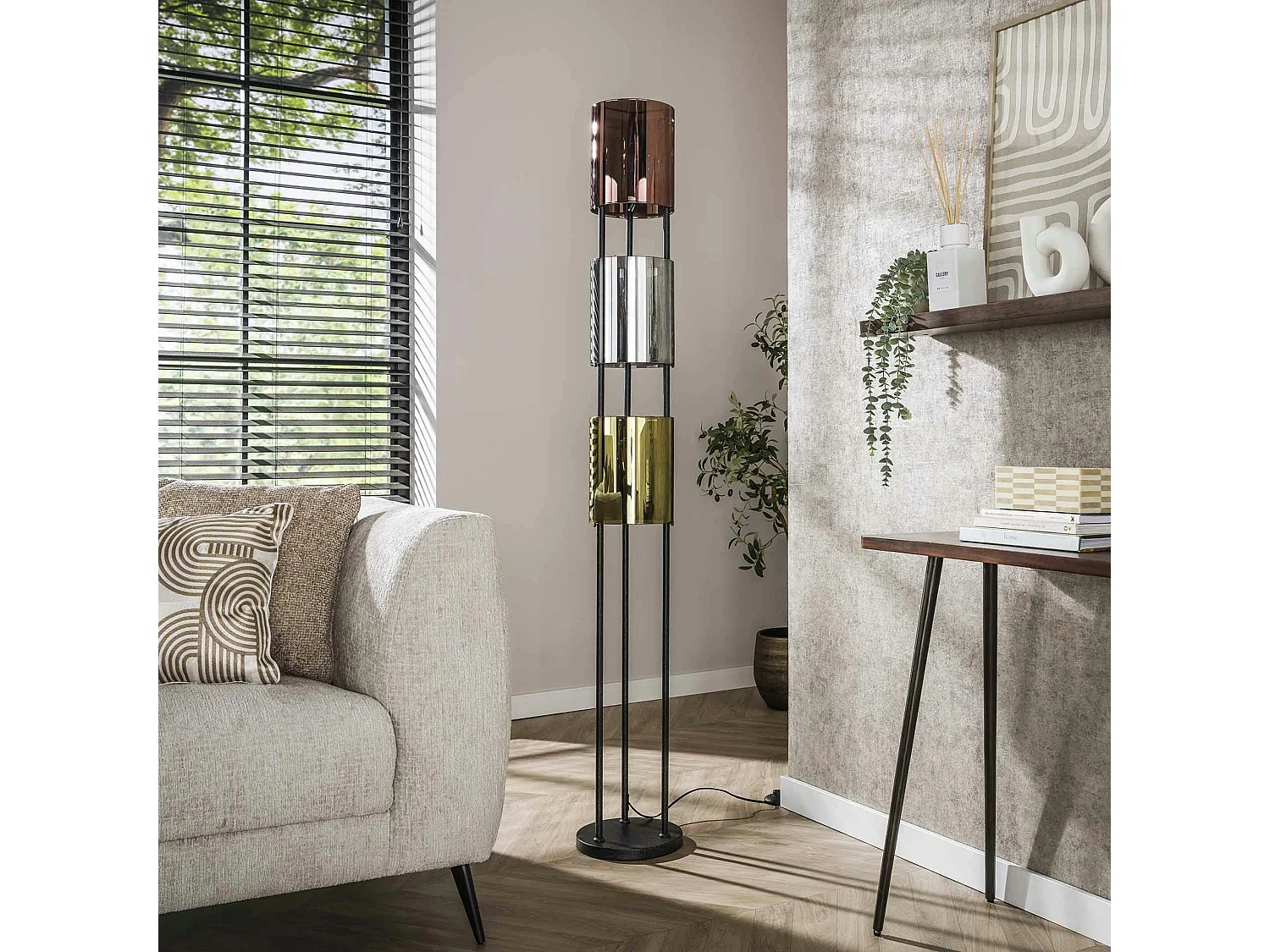 Lampadaire moderne tricolore, 3 abat-jour en verre NIAGARA