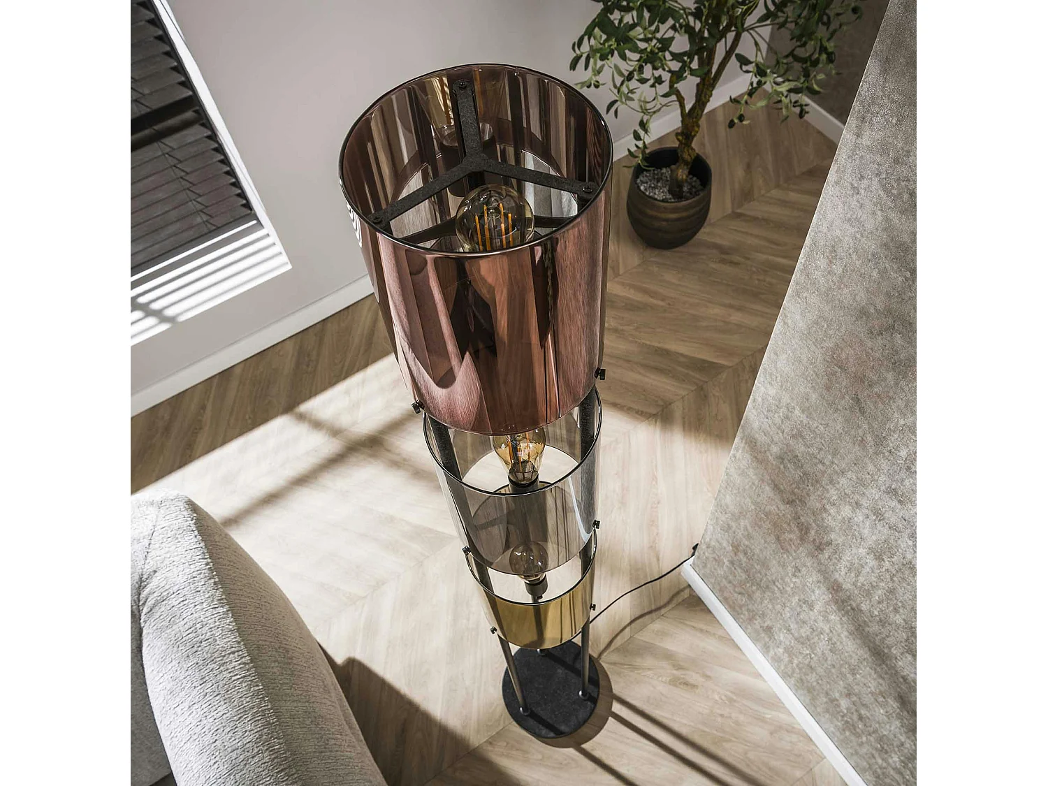 Lampadaire moderne tricolore, 3 abat-jour en verre NIAGARA