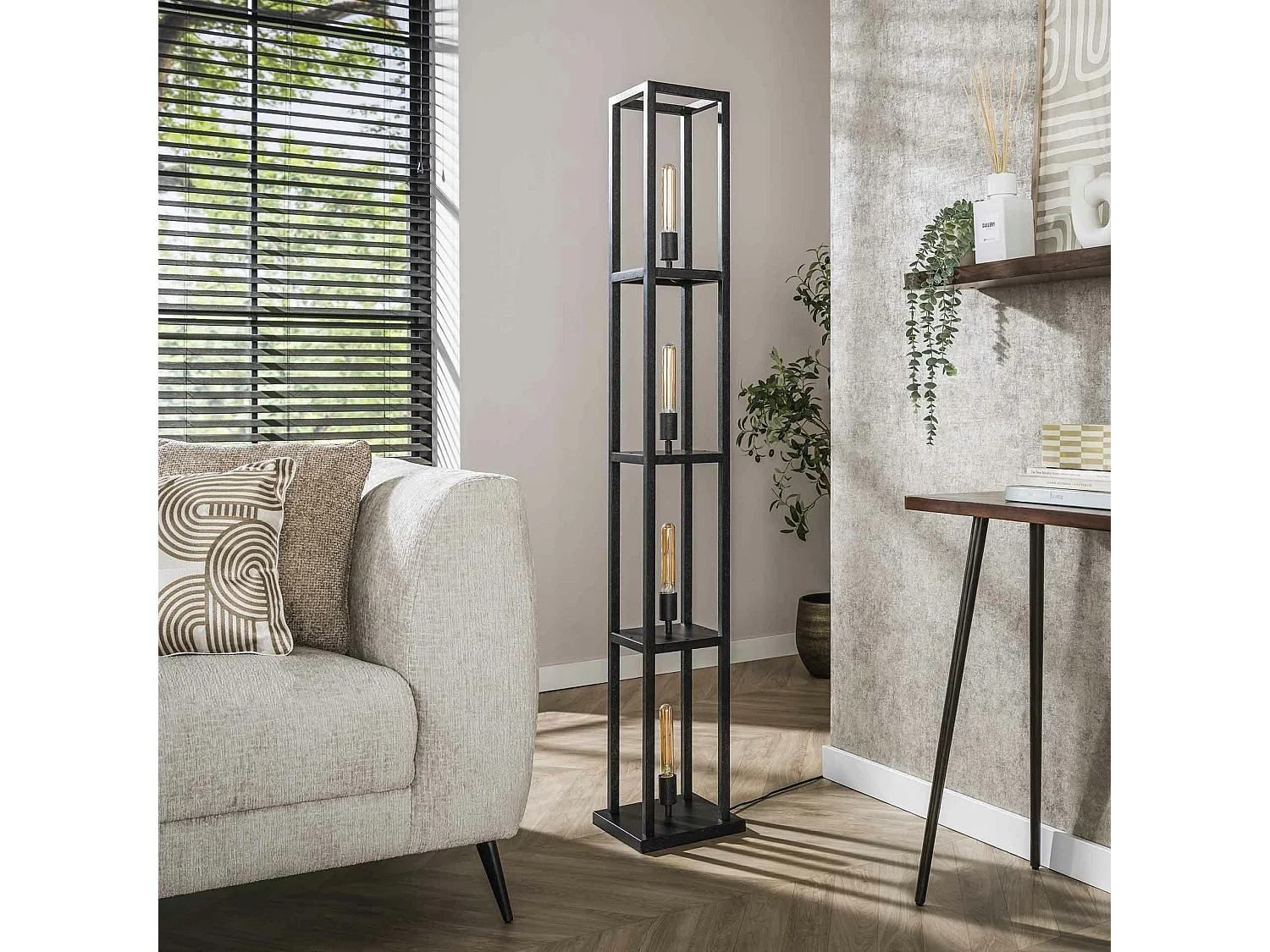 Lampadaire tour noire style moderne, 4 ampoules TRIBECA