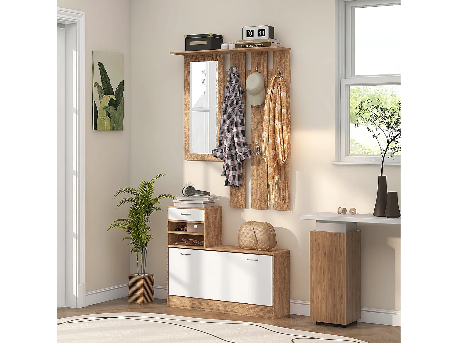 Ensemble de meubles d'entrée design contemporain blanc effet bois noyer