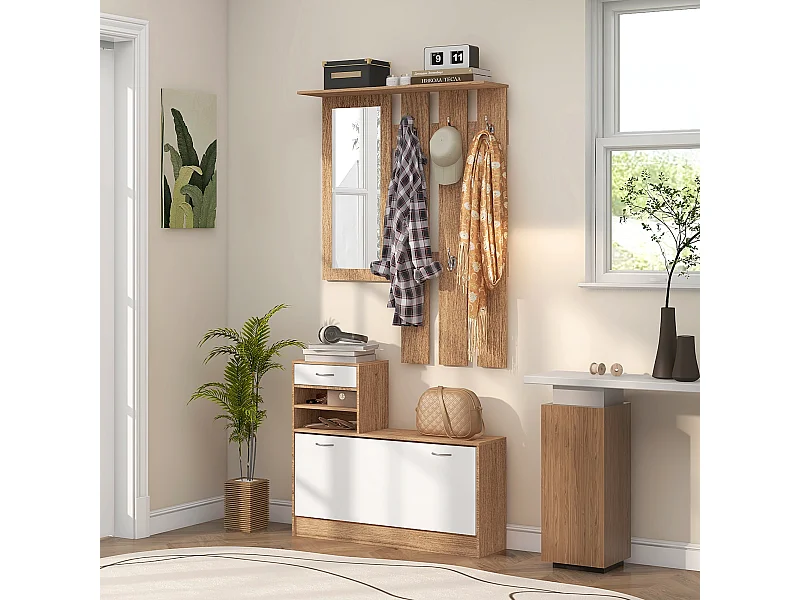 Ensemble de meubles d'entrée design contemporain blanc effet bois noyer