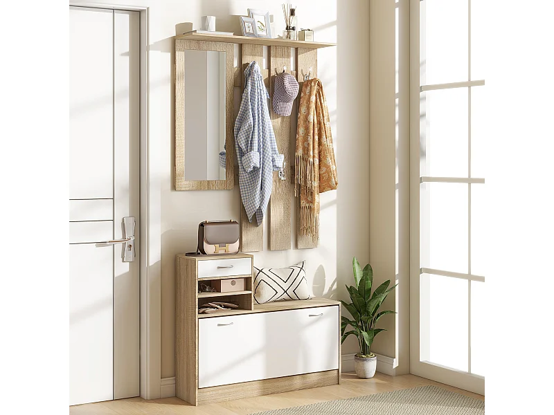 Ensemble de meubles d'entrée design contemporain blanc effet bois clair