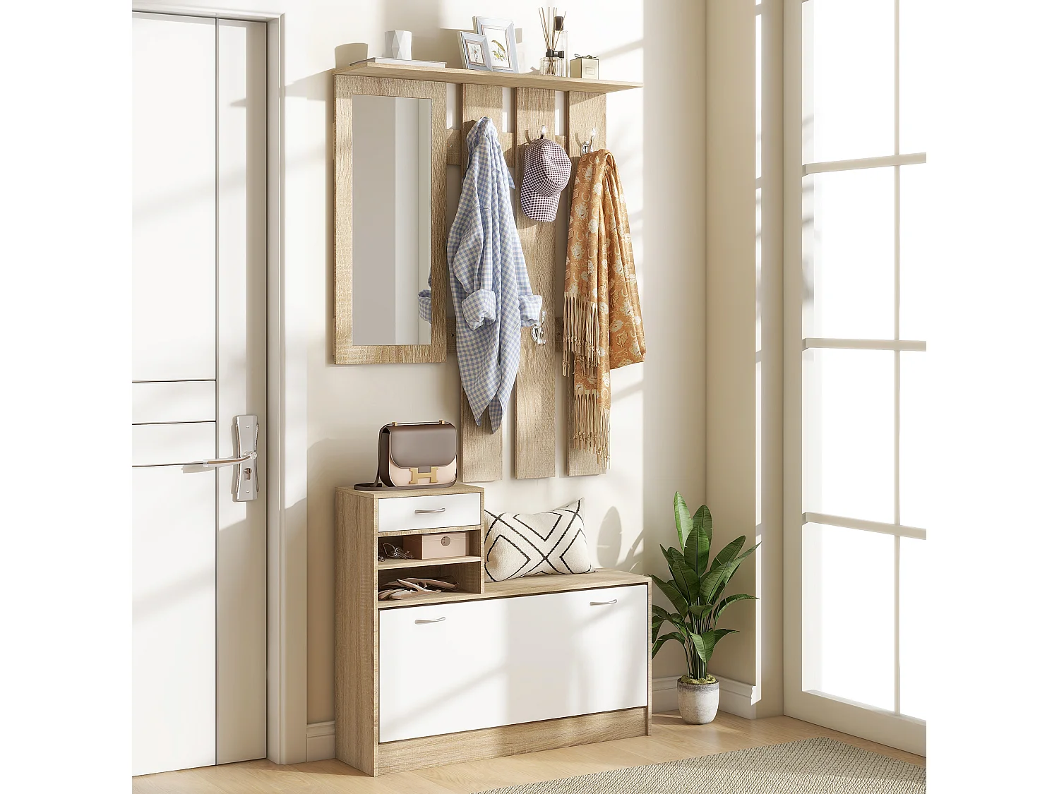 Ensemble de meubles d'entrée design contemporain blanc effet bois clair