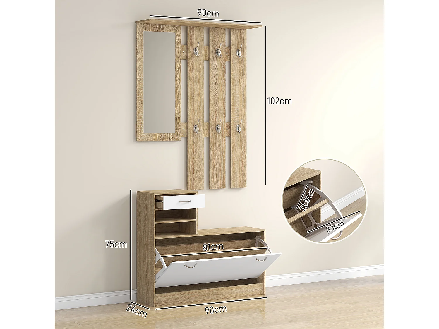 Ensemble de meubles d'entrée design contemporain blanc effet bois clair