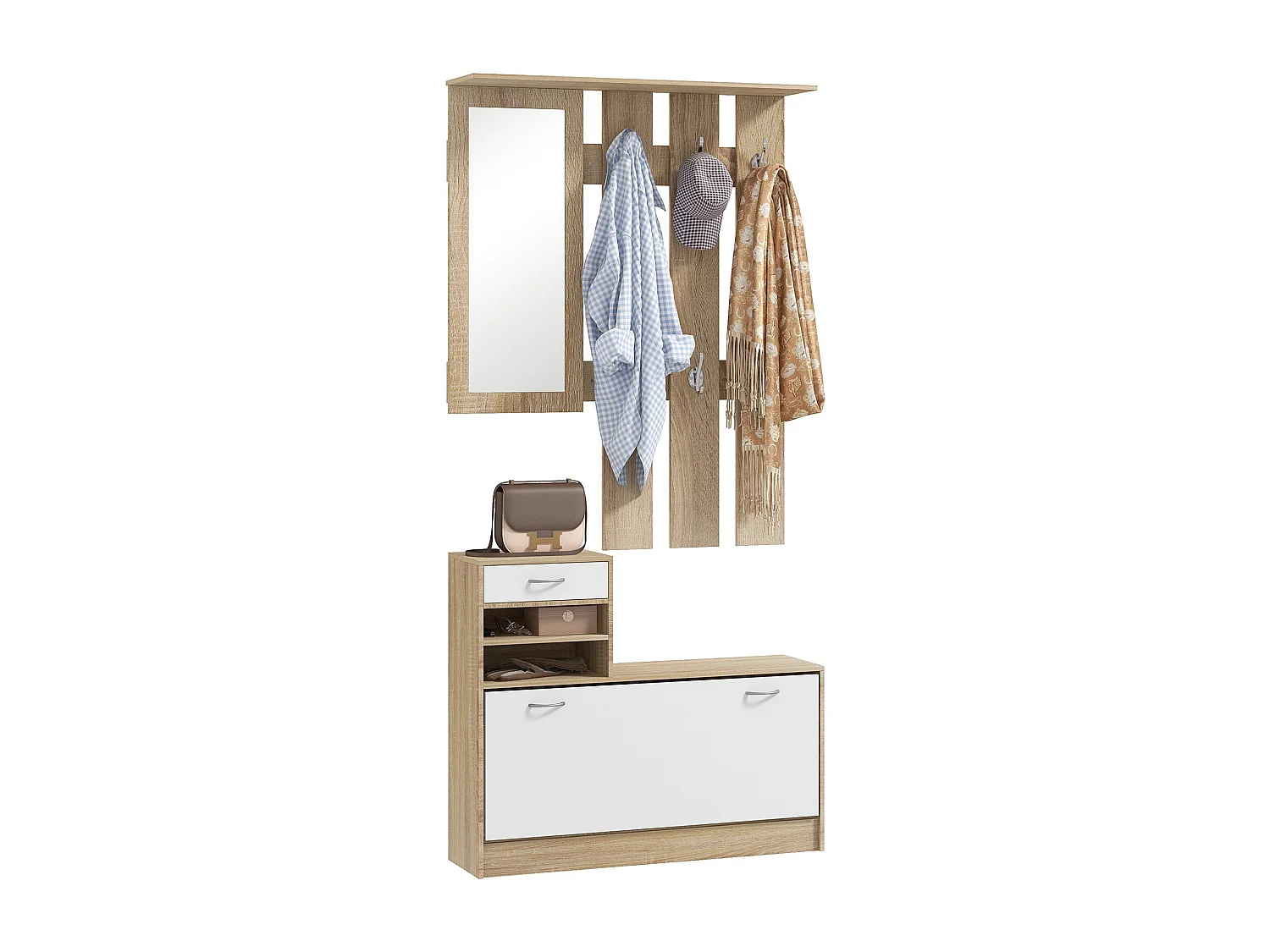 Ensemble de meubles d'entrée design contemporain blanc effet bois clair