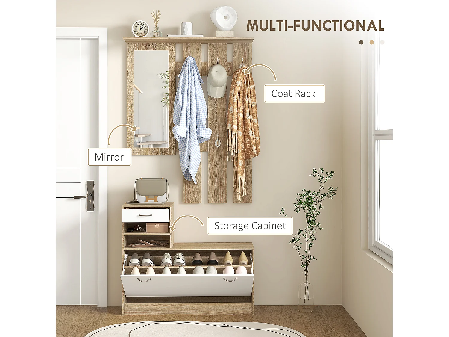 Ensemble de meubles d'entrée design contemporain blanc effet bois clair