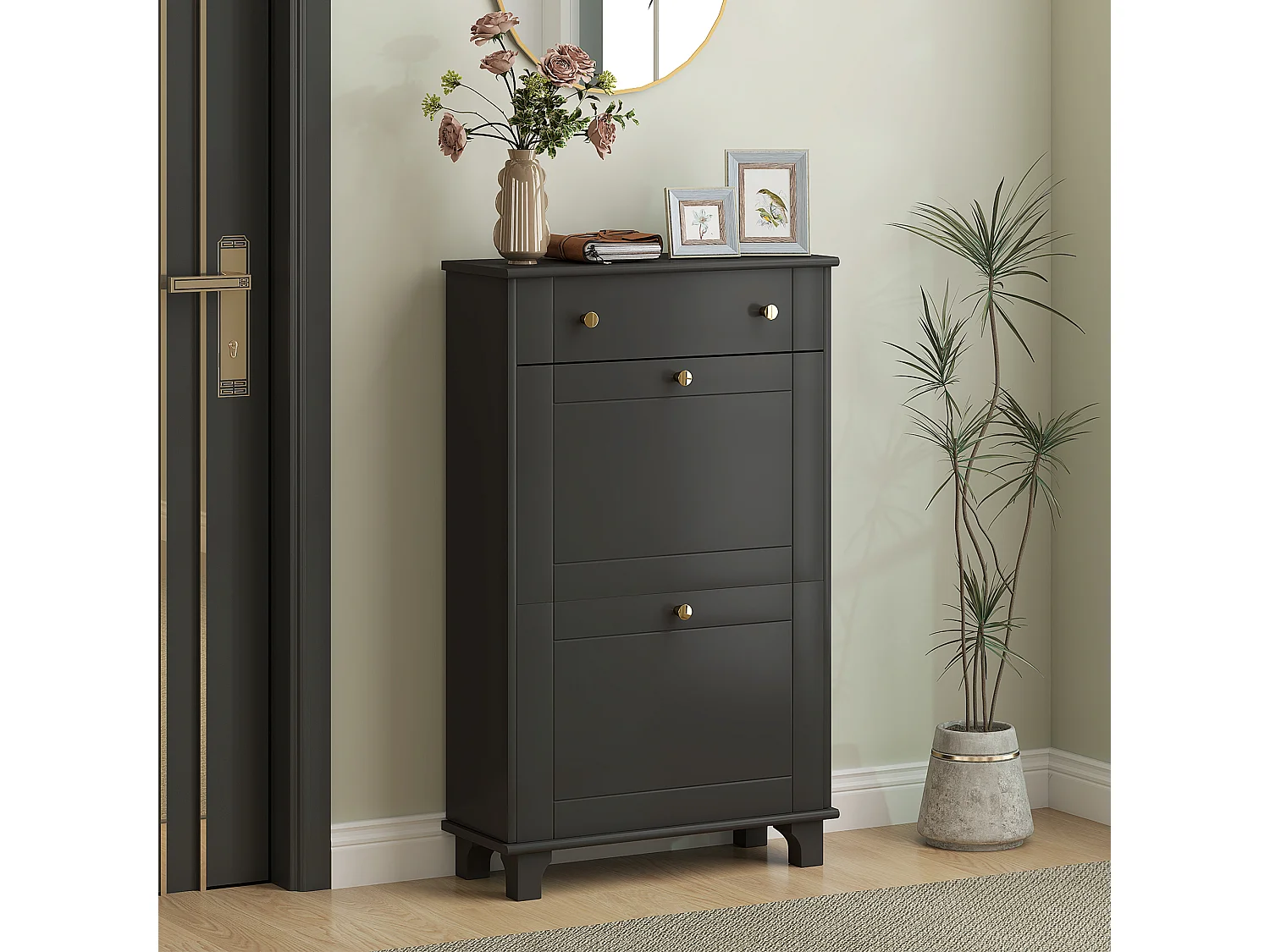 Meuble à chaussures design - tiroir, 2 portes abattantes - dim. 60 x 23,5 x 98 cm - poignées métal doré noir