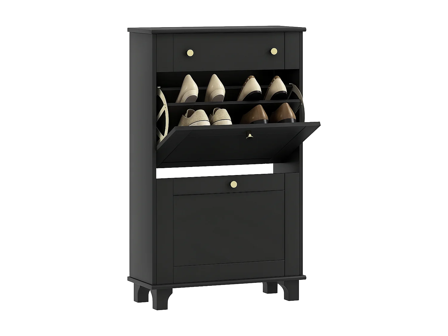 Meuble à chaussures design - tiroir, 2 portes abattantes - dim. 60 x 23,5 x 98 cm - poignées métal doré noir