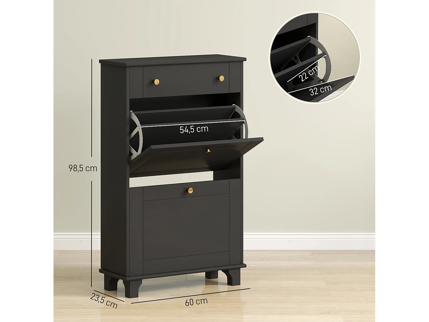 Meuble à chaussures design - tiroir, 2 portes abattantes - dim. 60 x 23,5 x 98 cm - poignées métal doré noir