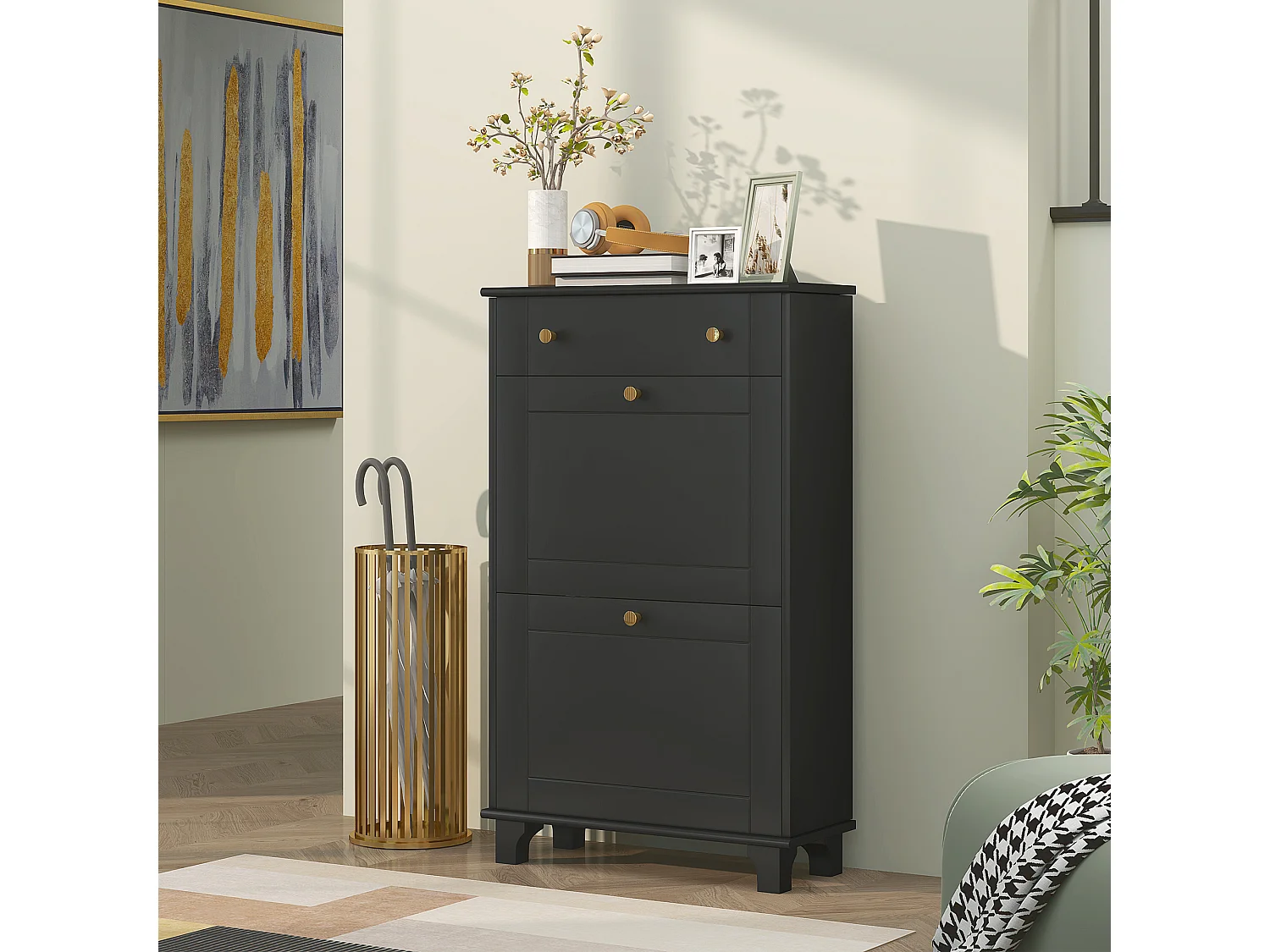 Meuble à chaussures design - tiroir, 2 portes abattantes - dim. 60 x 23,5 x 98 cm - poignées métal doré noir