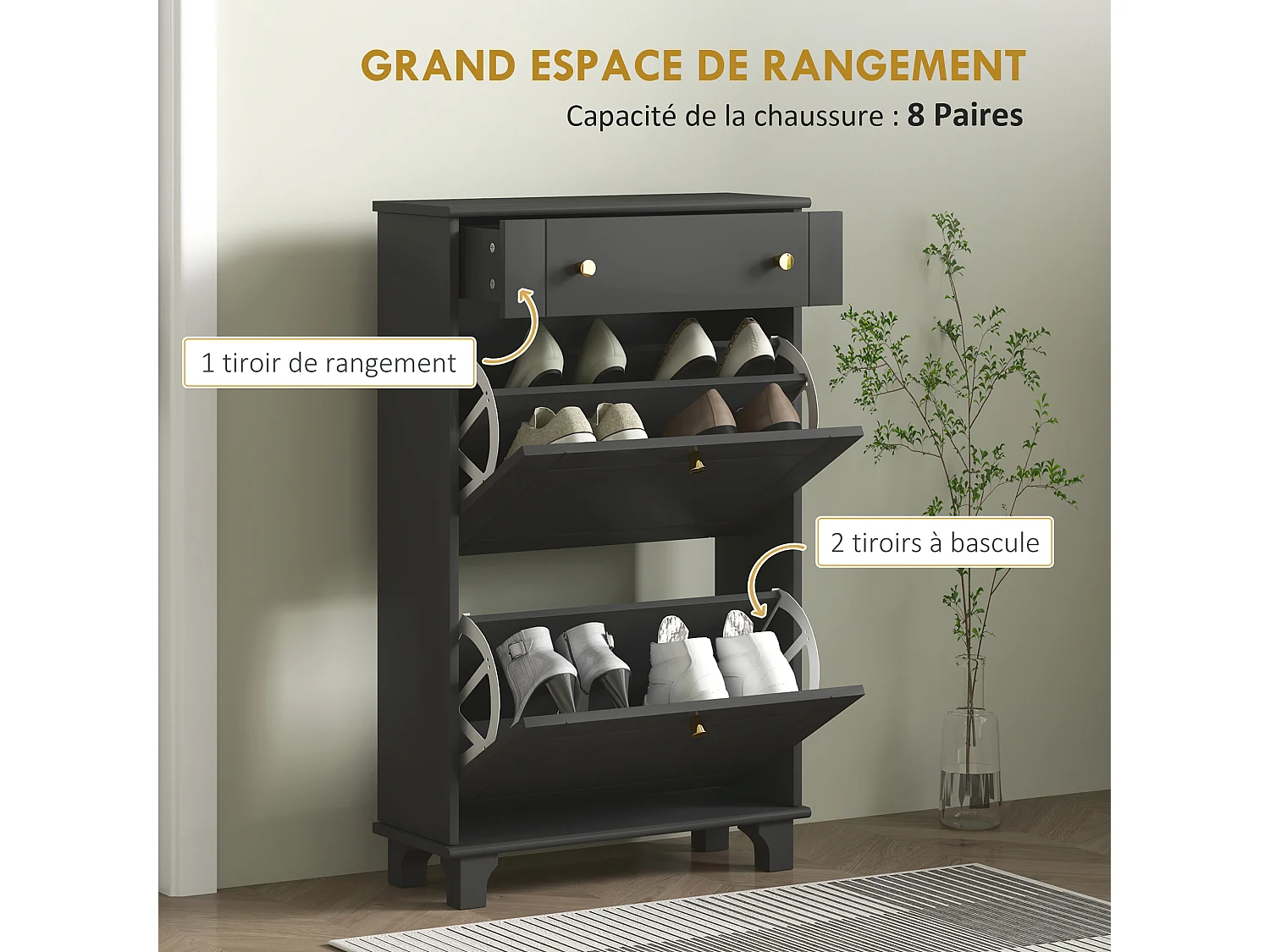 Meuble à chaussures design - tiroir, 2 portes abattantes - dim. 60 x 23,5 x 98 cm - poignées métal doré noir