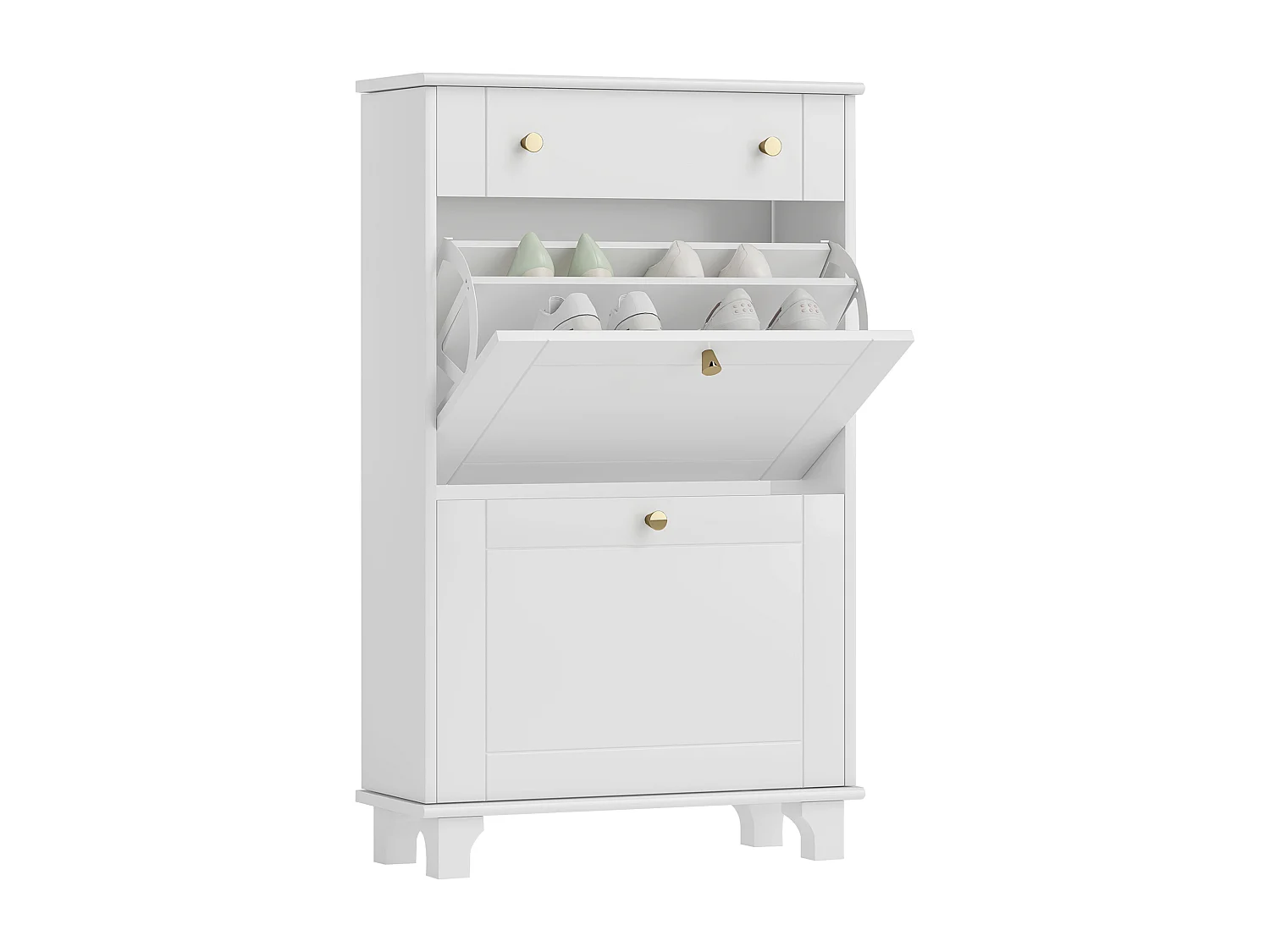 Meuble à chaussures design - tiroir, 2 portes abattantes - dim. 60 x 23,5 x 98 cm - poignées métal doré blanc