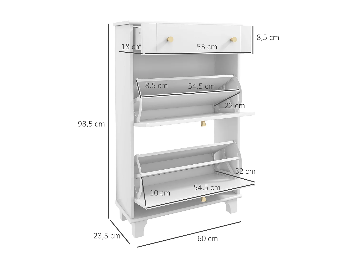 Meuble à chaussures design - tiroir, 2 portes abattantes - dim. 60 x 23,5 x 98 cm - poignées métal doré blanc