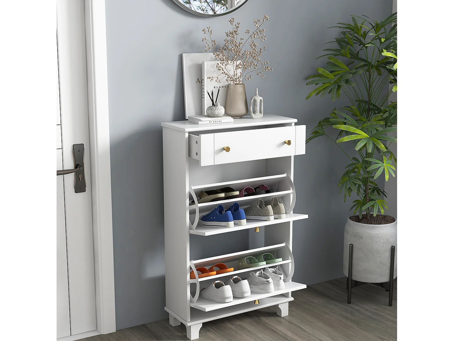 Meuble à chaussures design - tiroir, 2 portes abattantes - dim. 60 x 23,5 x 98 cm - poignées métal doré blanc