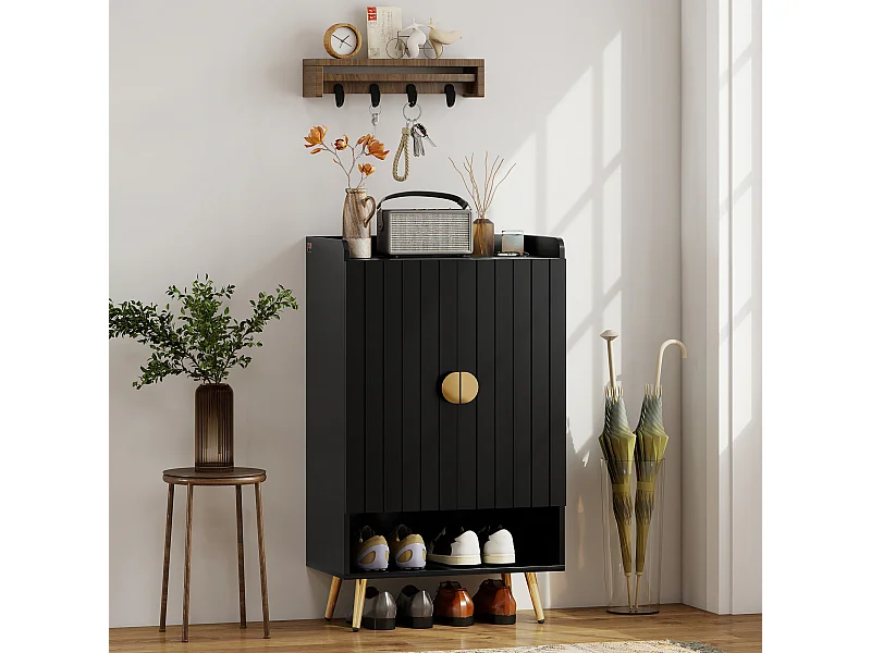 Meuble à chaussures style art déco 2 portes 3 étagères réglables niche acier doré panneaux noir