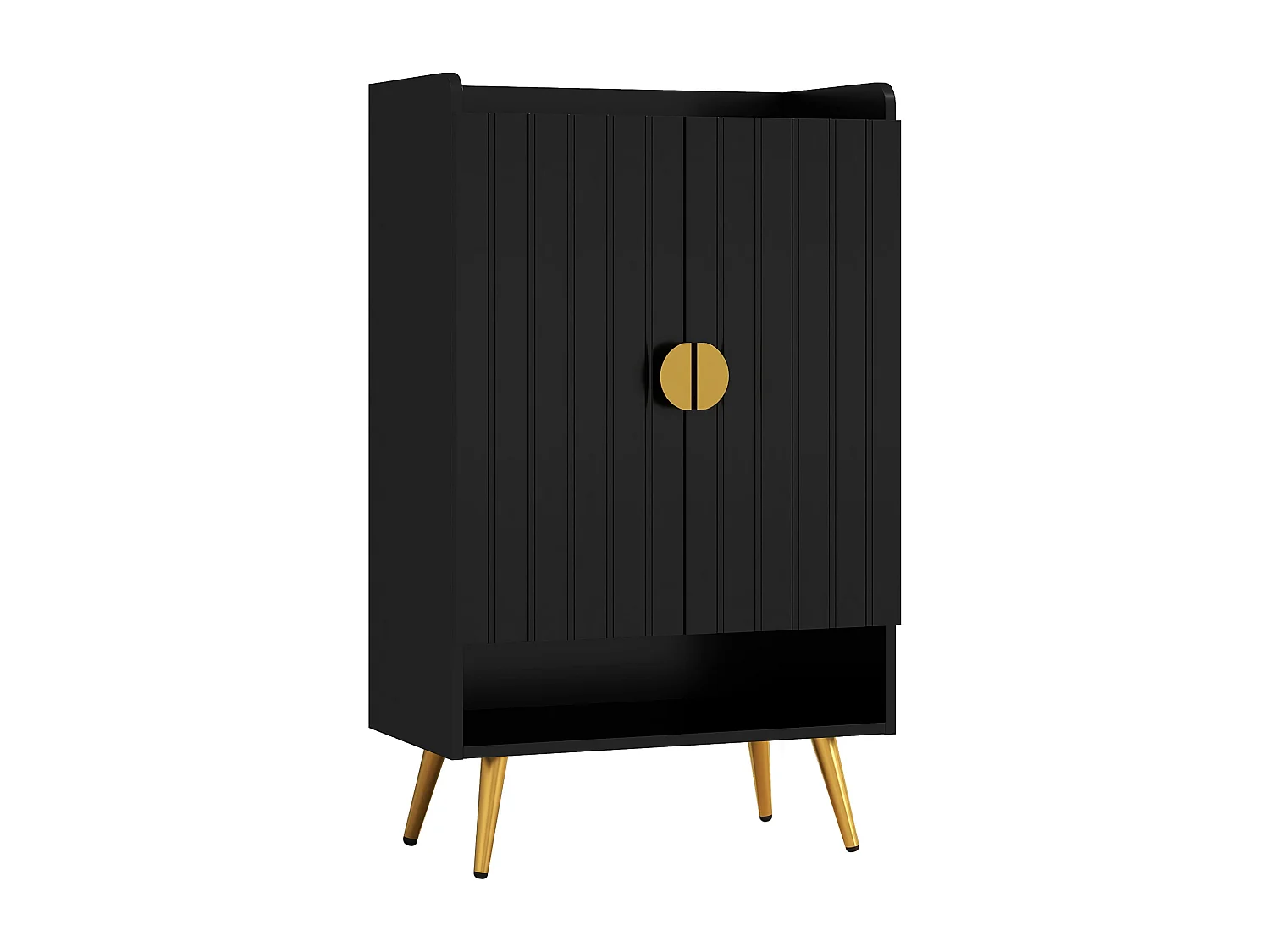 Meuble à chaussures style art déco 2 portes 3 étagères réglables niche acier doré panneaux noir