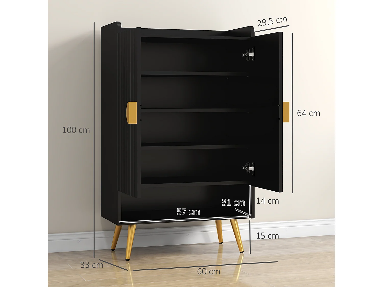 Meuble à chaussures style art déco 2 portes 3 étagères réglables niche acier doré panneaux noir