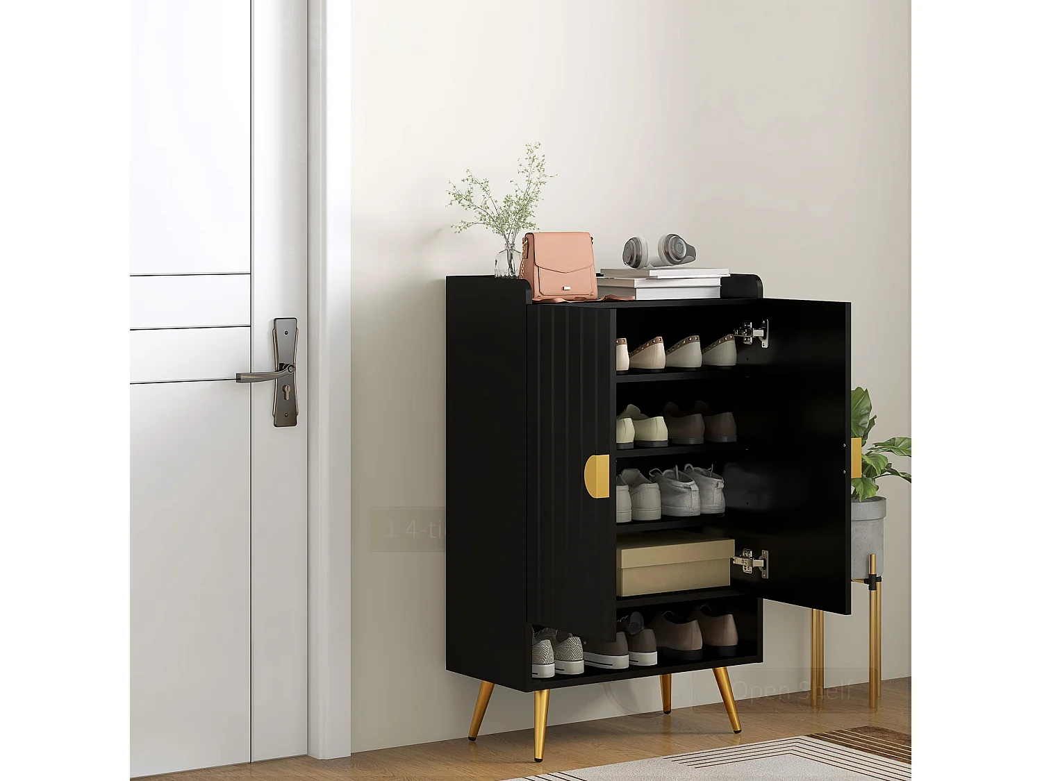 Meuble à chaussures style art déco 2 portes 3 étagères réglables niche acier doré panneaux noir