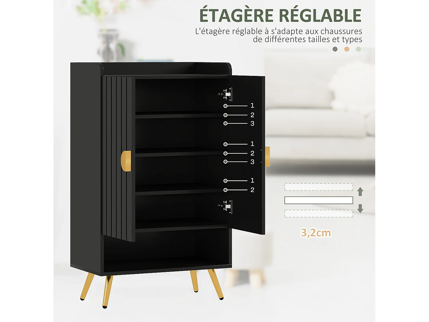 Meuble à chaussures style art déco 2 portes 3 étagères réglables niche acier doré panneaux noir