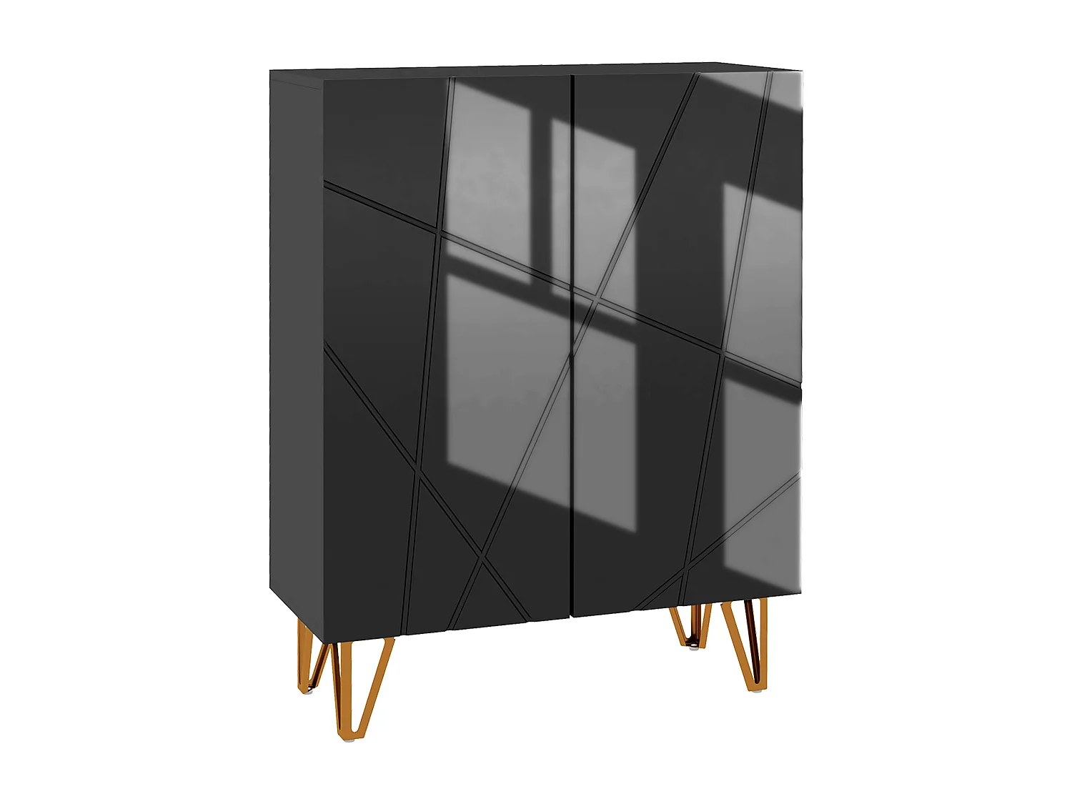 Meuble à chaussures style Art déco 2 portes 5 niveaux piètement épingle acier doré façade laquée noir