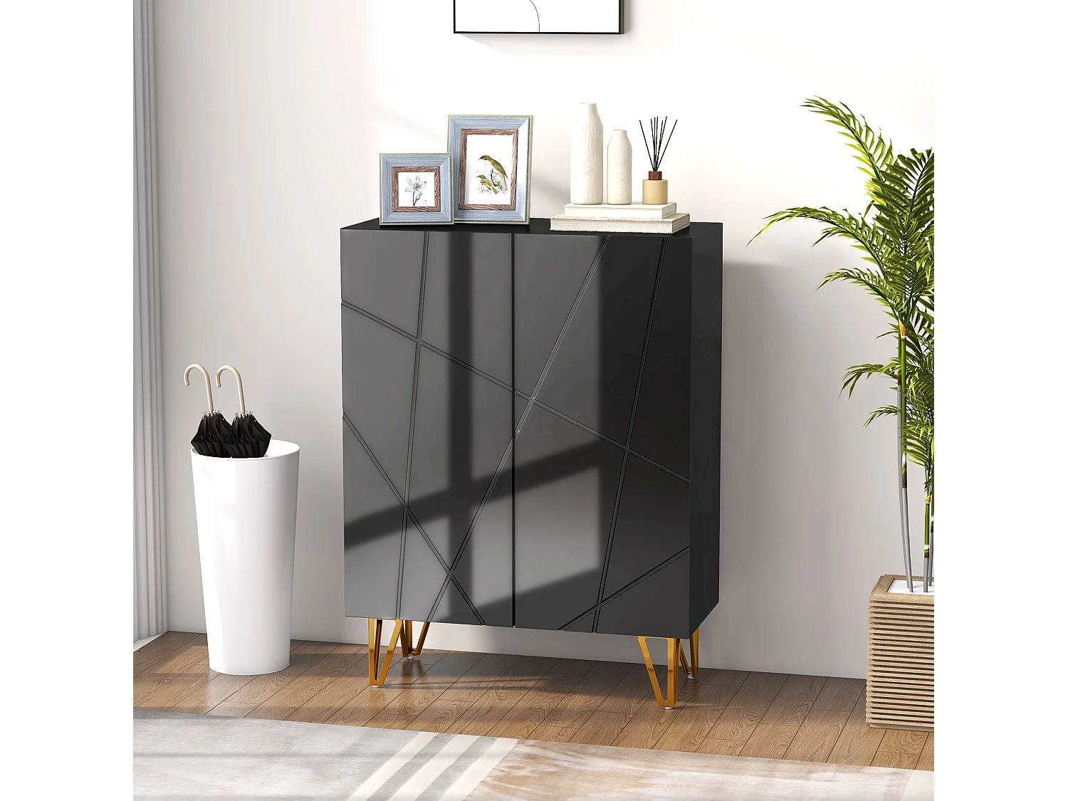 Meuble à chaussures style Art déco 2 portes 5 niveaux piètement épingle acier doré façade laquée noir