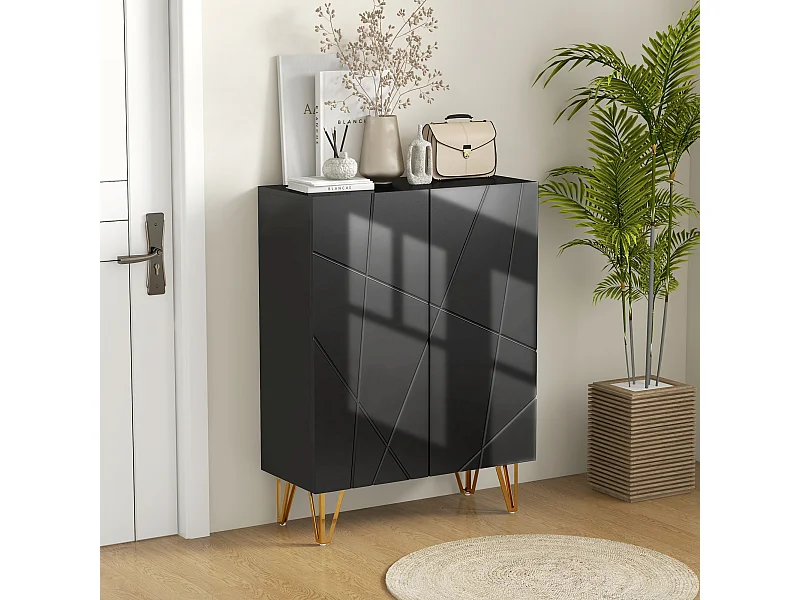 Meuble à chaussures style Art déco 2 portes 5 niveaux piètement épingle acier doré façade laquée noir