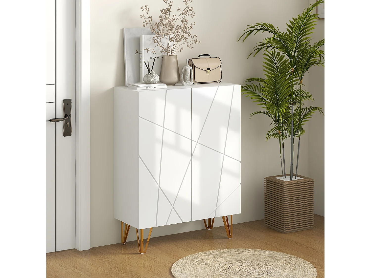 Meuble à chaussures style Art déco 2 portes 5 niveaux piètement épingle acier doré façade laquée blanc